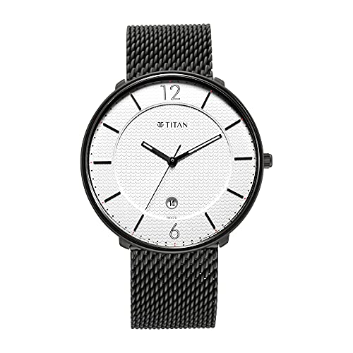 Image of Titan Minimalist Quartz Analog with Date White Dial Black Stainless Steel Strap Watch for Men - NT1849NM01