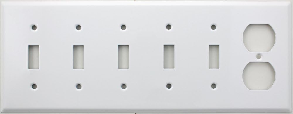 Stamped Steel Smooth White 6 Gang Wall Plate - 5 Toggle Switches One Duplex Outlet