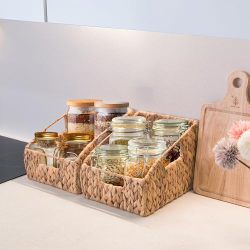 Image of KOKODO 2-Pack Open Front Pantry Baskets, Handwoven Water Hyacinth Wicker Storage Baskets with Built-in Handles, Organizing Bins for Shelves