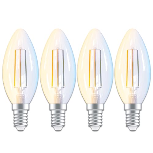 ANTELA Lampadine Alexa Inteligente Filamento E14 C35, 4,5W 470LM Dimmerabile 2700K-6500K Bianco Freddo/Caldo, Compatibile con Alexa/Google Home, Controllo Vocale, Controllo APP, 2.4GHz WiFi, 4Pezzi