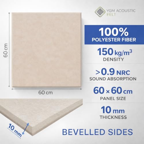 Image of YGM Acoustic Foams Luxury PET Felt Acoustic Self Adhesive Panels, 10 MM Thick, Sound Absorbing Panels for Wall | Room Noise Reducer & Sound Dampening (Beige, 2x2 Foot - 24 Panels)
