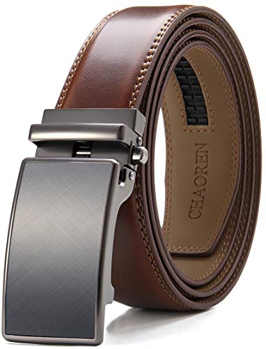 Chaoren Leather Ratchet Dress Belt 1 3/8 with Formal Slide Buckle, Adjustable Trim to Fit in Gift Box (Cognac Belt Men)