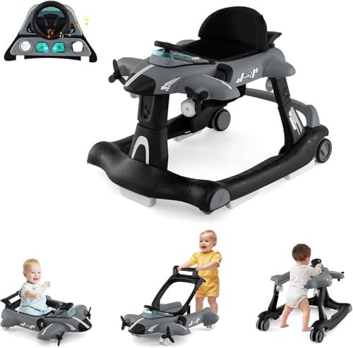 RELAX4LIFE 6 en 1 Andador Bebés Plegable con Altura y Velocidad Ajustables, Tacata Bebe con Asiento Acolchado, Música, Luces y Bandeja de Juguetes para Niños 6-18 Meses, 72,5x64x52/53/54cm (Gris)
