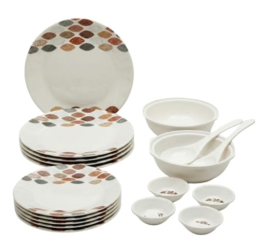 Image of FreshHome Melamine Dinnerware Dinner Set for 4 Persons | 16 Pcs Plates & Bowls Set | 4 Full Plates, 4 Half Plates, 4 Veg Bowls, 2 Serving Bowls & 2 Spoons