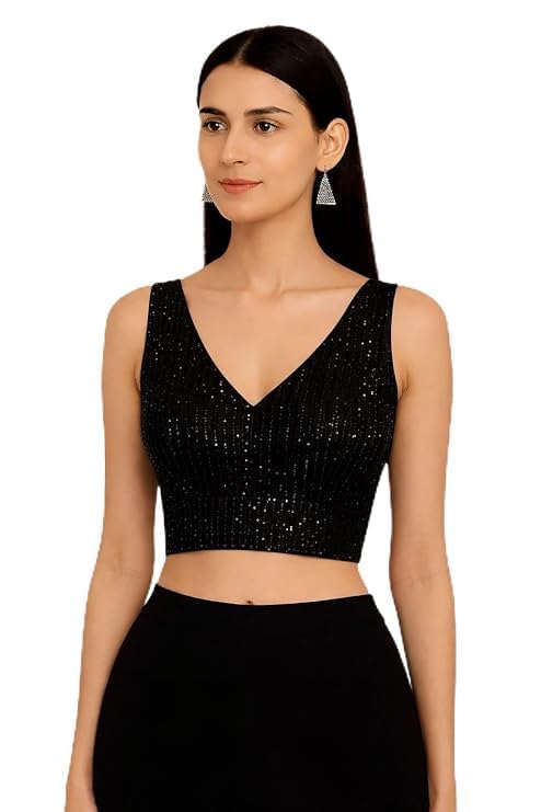 Women's Black Sequins Georgette Designer Saree Blouse Crop Top for Wedding Reception Party Festive Cocktail Ethnic Wear-image-11