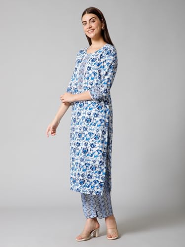 Image of Eight Colors Cotton Kurta Set with Pant for Women | Women Kurta Sets Kurtis | Women Kurta Pant Set | Women Kurta Pant Set Women Kurti Set with Pant (Neel)