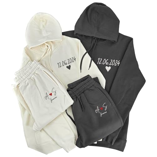Hugsly Custom Couple Sweatshirt, Personalized Luxury Embroidered Sweatpant And Hoodie For Couple, Custom Embroidered Number Date Sweatshirts, Wedding, Valentine, Christmas