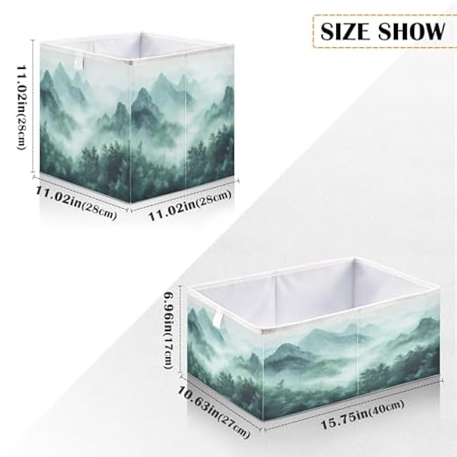 Storage Basket Smoky Green Mountains Foldable 11 x 11 x 11 In Cube Storage Bin Home Decor Organizer for Shelves, Closet, Laundry, Nursery