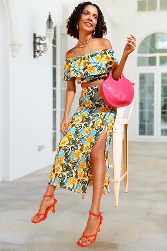 Image of POPWINGS Casual Bagru Printed Cotton Top and Skirt Set for Women || Pom Pom Top and Long Slit Skirt Set for Women || Two Piece Women Set for Summer