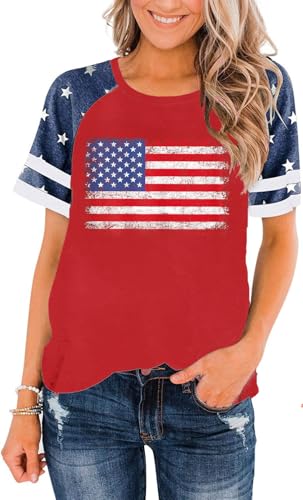 American Flag T Shirt Women 4th of July Shirts Raglan Short Sleeve Patriotic Tee Tops XXL Red Blue