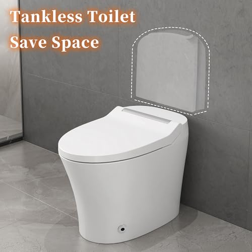 Inodoro inteligente de una pieza alargado con asiento calefactado, descarga automática y sensor de pie, doble descarga (1/1,28 GPF), control mediante perilla, luz nocturna, cerámica moderna compacta para baño, blanco plateado miniatura 7