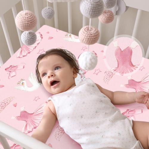 Image of VitalCozy 4 Pcs Pink Bow Ballerina Crib Sheet Set Newborn Bedding Nursery Baby Sheets for Girl Boys Baby Gifts for Standard Crib and Toddler Mattresses, 52 x 28 x 8 Inches