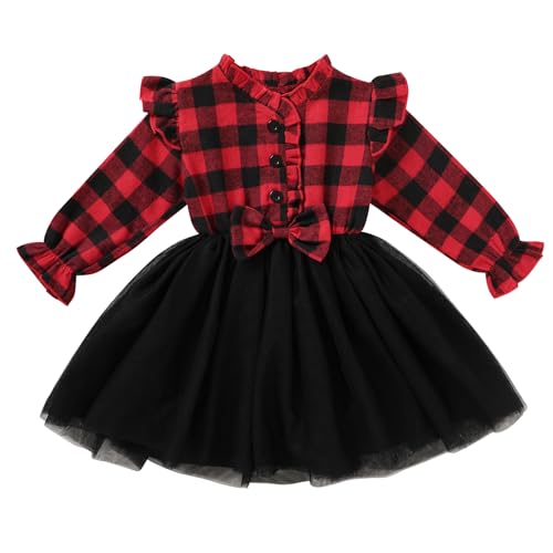 Toddler Kids Girls Clothes Christmas Dress Ruffle Red Plaid Black Mesh Skirt Outfits Overall Fall Winter