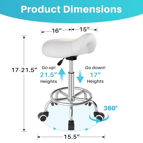 Image of YEEZEE Saddle Stool Ergonomic- Comfortable Rolling Saddle Stool with Wide Thick Saddle Seat Padding, Swivel Adjustable Saddle Chair with Wheels and Ring Pedal for Medical Massage Salon (Classic White)