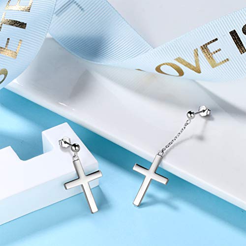 Mens Cross Earrings Dangle Cross Earrings For Men & Women White Gold Plated Over Sterling Silver Asymmetric Cross Stud Earrings Boys Hip Hop Earrings Religious Christian Earrings Christmas Gift Fe90W #TOP2
