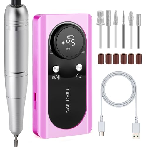 Tornio professionale per unghie, 45000 giri/min, portatile, lima elettrica, ricaricabile, senza fili, display LCD con testine lucidate e nastri abrasivi per soggiorno e casa, manicure pedicure (viola)