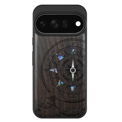 Coque Pixel 11 Pro XL en bois de prestige et nacre naturelle avec boussole d'onde gravée