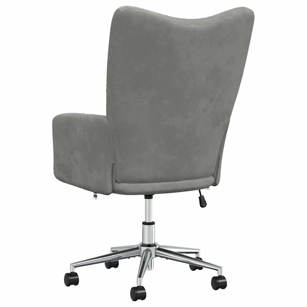 Fotel relaksacyjny, jasnoszary, aksamitny, z obrotowym siedziskiem i kółkami, z regulacją wysokości za pomocą sprężyny gazowej, ergonomiczny fotel do salonu, biura i kącika do czytania