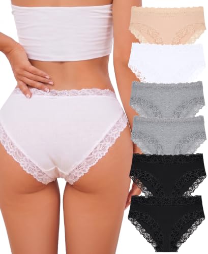 Image of Knowyou Cotton Underwear for Women No Roll Soft Panties No Dig Lace Waist Hipster Breathable Cheeky Lingerie for Women