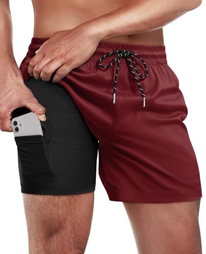 Image of Gleeease 5inch Mens Swim Trunks: 2 in 1 with Compression Liner Lined Soft Stretch Quick Dry Solid Pockets Drawstring Beach