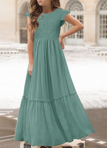 Image of MITILLY Girls Lace Flower Wedding Guest Long Maxi Dress for 6-12 Years | Girls Boho Dress, Girls' Special Occasion Dresses, Wedding Party, Size 6-12 Years, Ruffle Sleeve, A Line, With Pockets