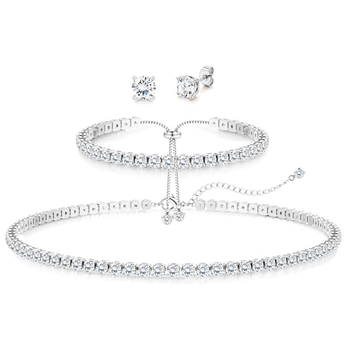 Diamday Conjunto de Joyas Hipoalergénico Para Mujer Collar Tenis Pendientes y Pulsera Con Poste de Plata Esterlina 925 Ideal Para Boda Damas de Honor Fiesta Accesorios de Vestir