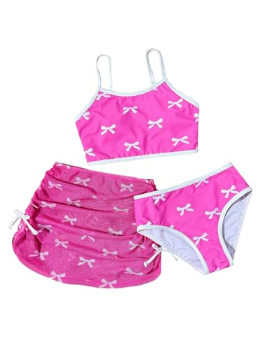 MakeMeChic Girl's 3 Piece Bikini Set Bow Swimsuit Spaghetti Strap Cute Bathing Suit with Ruched Cover Up Skirt