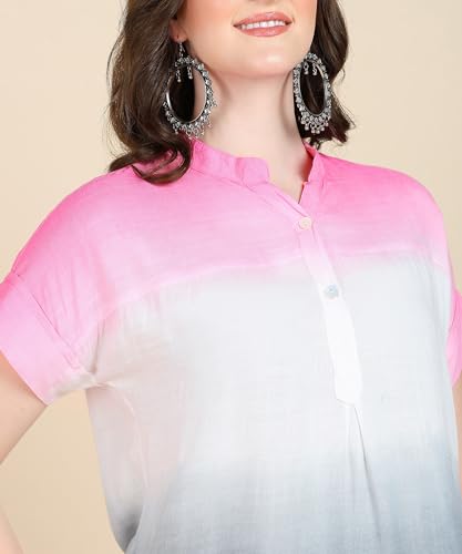 Image of Maaesa Women Handmade Regular Fit Tie-Dye Rayon Top | Casual Wear & Office Wear | Short Sleeve | Mandarin Neck | Lightweight & Breathable Fabric