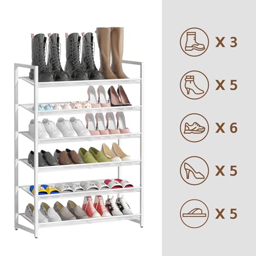 Image of Metal Shoe Rack, 6-Tier Shoe Organizer for Entryway, Tall Shoes Stand with Angled Shelves, Holds 18-24 Pairs, Large Shoe Storage Shelf for Closet Garage Bedroom, White