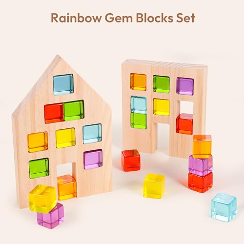 Woodtoe Wooden Building Blocks Set for Kids, 24 PCS Rainbow Gem Cubes Stacking Blocks - 2 Wood House, Montessori Stacking Toy for Toddlers, Educational STEM Sensory Easter Toy for Boys Girls 3-6