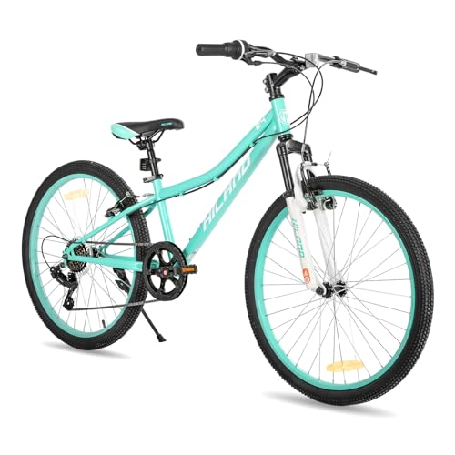 HILAND Climber Bicicleta de montaña Infantil, 24 Pulgadas, 7 velocidades, con Horquilla de suspensión, Frenos V-Brake, Unisex, Verde Menta