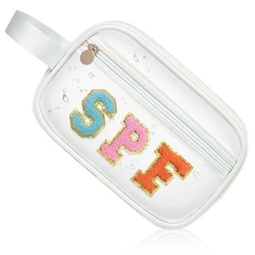 Image of COSHAYSOO Clear Sunscreen Bag SPF Beach Vacation Essentials Waterproof Summer Pool Must Have Accessories for Women Teen Girls, Family Beach Day Organizer Toiletry Pouch Travel Gifts Preppy Letter