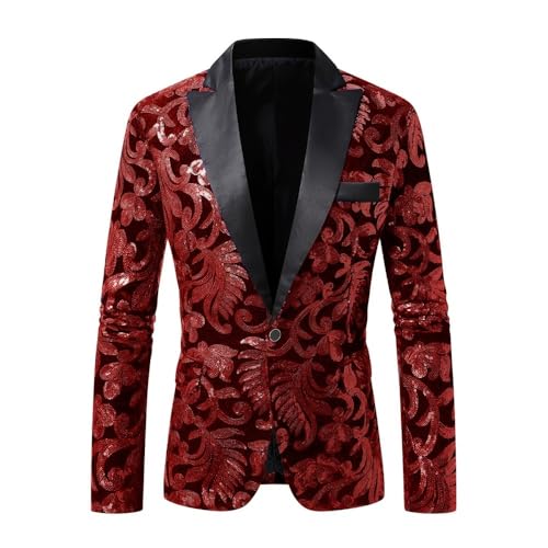 Men's Sequin Blazer Banquet Performance Tuxedo Trendy One Button Slim Fit Suit Jacket