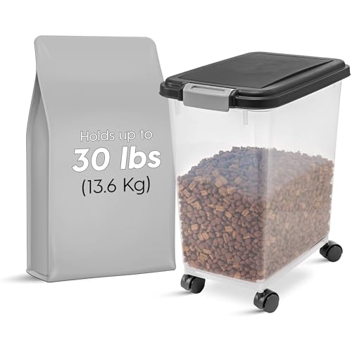 IRIS USA Airtight Pet Food Storage Container with Wheels Black 30 lb Capacity - BPA-Free Clear Plastic Bin with Snap-Lid Seal to Keep Kibble Pellets or Seeds Fresh for Dogs Cats and Birds