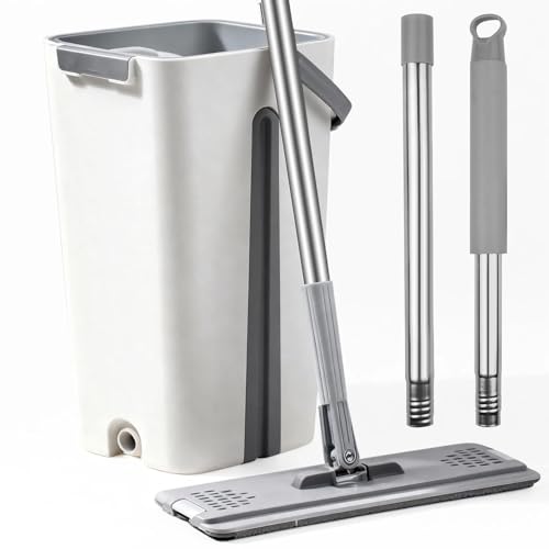 LxsNyvantic Fregona con Cubo Escurridor 2 en 1 – Mopa Plana de Microfibra con Cabezal 360°, Mango de Acero Inoxidable Ajustable hasta 115 cm,Limpieza en Seco y Húmedo para Madera y Azulejos