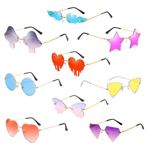 Fun Sunglasses - 9 Pcs Irregular Party Sunglasses Pack Heart Butterfly Cloud Rimless Mushroom Star Shaped Disco Party Glasses for Funny Photo Booth Props
