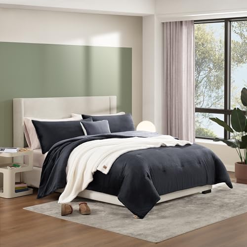 Image of UGG Remina Comforter Set 5 Piece Bed in a Bag with Throw Blanket, Decorative Pillow, Shams, and Reversible Comforter Hypoallergenic Washable Luxury Plush Warm Plush Fluffy Bedding Set, King, Navy Blue