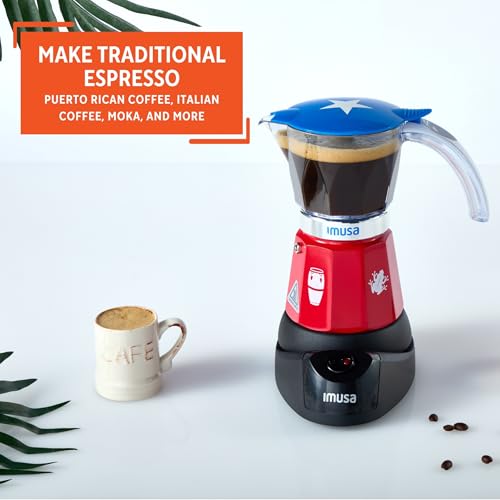 Image of IMUSA Puerto Rico Boricua Flag Espresso Maker 6 Cup or 3 Cup | Limited Edition Moka Pot Coffee Maker | Cast Aluminum & Tritan Stovetop Espresso Machine | Traditional Puerto Rican Boricua Coffee Pot