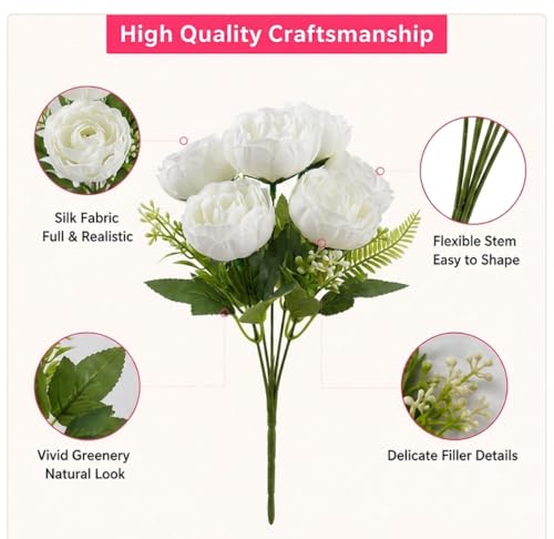Image of CURATED CART 1 Bunch Artificial Peony Rose Flower Bouquet (White) | 5 Flower Heads, for Home Decor, Office, Bedroom, Balcony, Table Display, Wedding Decoration (Without Vase Pot)