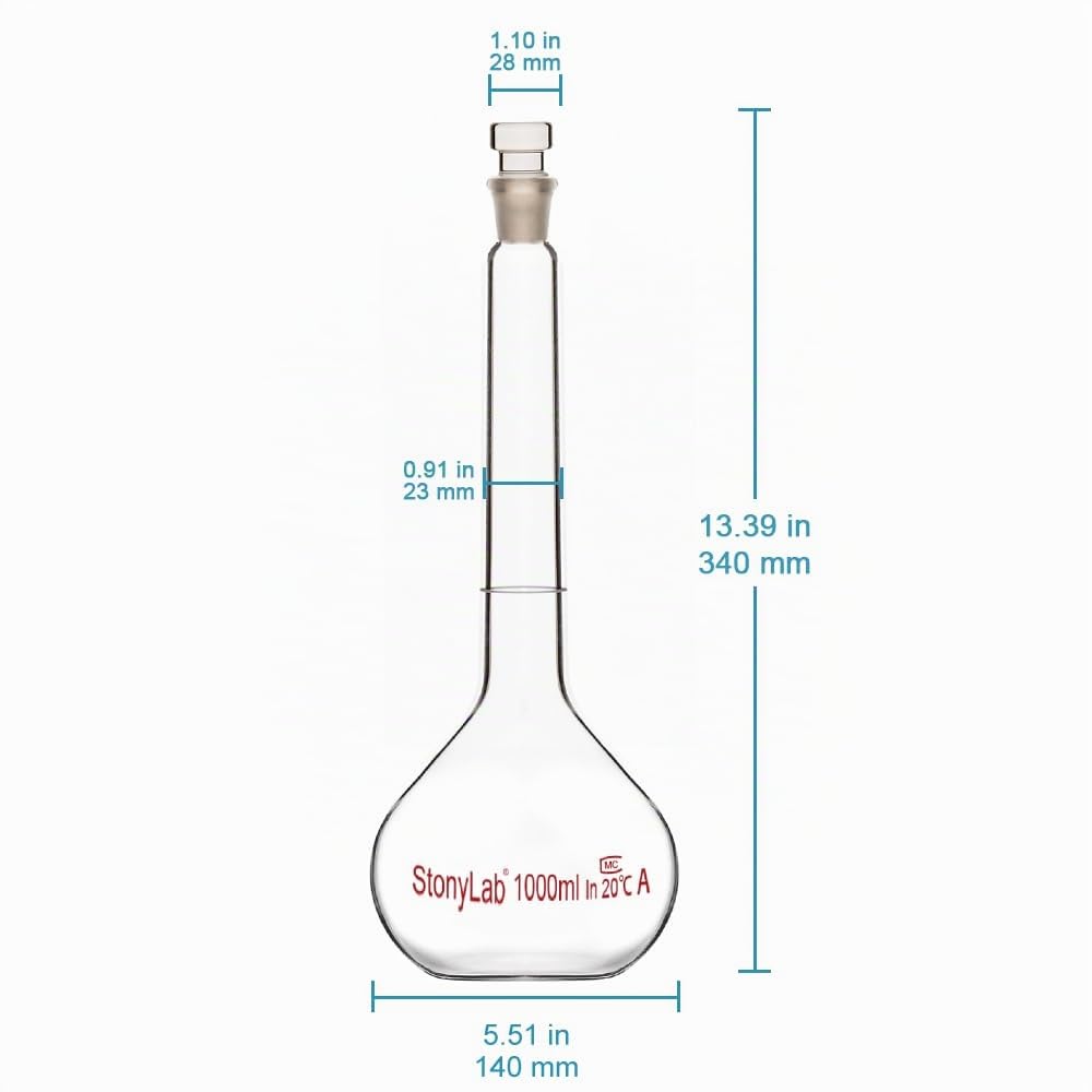 stonylab Flacon Volumétrique en Verre Classe A avec Verre Bouchon, Verre Borosilicaté Mur Lourd Tolérance de La Fiole Jaugée (1000 ml, Transparente)