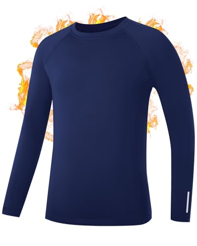 RIKUAOU Youth Boys Thermal Compression Shirts Fleece Lined Long Sleeve Undershirt Athletic Base Layer Top Soccer Football Deep Sea Blue