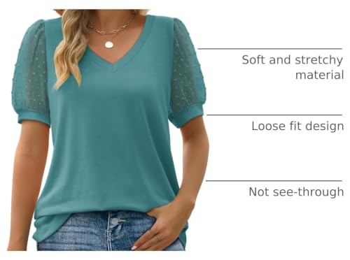 Image of Aokosor Womens Summer Tops V Neck T Shirts Swiss Dot Puff Sleeve Tops Loose Casual Tshirts