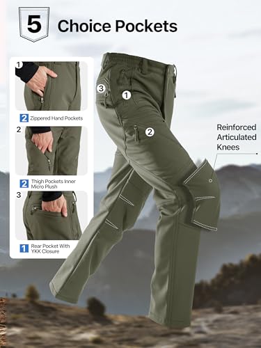 Image of FREE SOLDIER Men's Fleece Lined Outdoor Cargo Hiking Pants Water Repellent Softshell Snow Ski Pants with Zipper Pockets
