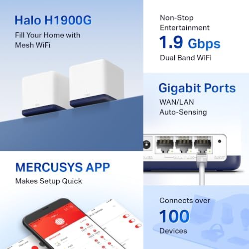 Bild 2 - Mercusys Halo H1900G Mesh WLAN Set (3er Pack), AC1900 Dual Band Router & Repeater, 3 x Gigabit Ports für Jede Einheit, empfohlen für Häuser mit 3-5 Schlafzimmern, MERCUSYS App