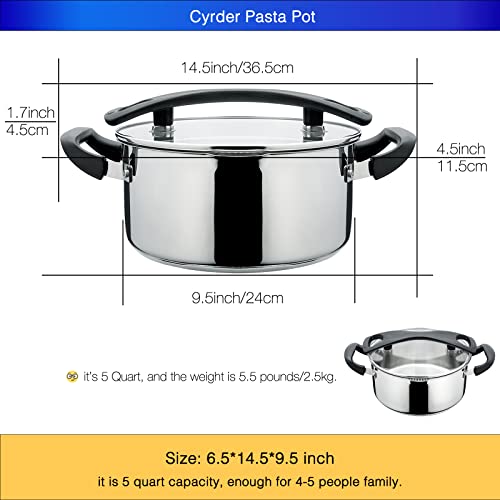 Cyrder Stainless Steel Pasta Pot, Hold Handle And Lid Locking, Pot With Strainer Lid, Stock Pot/Soup Pot, Durable And Non-Scratch, Easy Stain &Cleanup Stylish Cookware, Dishwasher Safe, Silver 5 Quart #TOP4