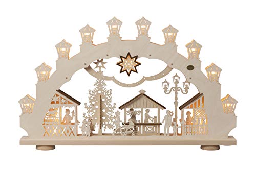 Preisvergleich Produktbild 3D-Lichterbogen"Weihnachtsmarkt" farbig abgesetzt, 15-flammig elektrisch beleuchtet, mit Innenbeleuchtung (B x H x T)66 x 40 x 6cm NEU