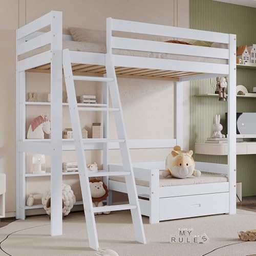 BXEYXE Litera con estantes y sofá. Cama de madera con un cajón. Cuna con deslizador inclinado de cinco niveles. Estructura de cama de madera maciza. Blanco. 90x200 cm