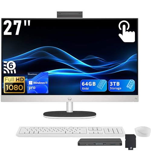 Image of HP 27 inch FHD Touchscreen All-in-One Desktop, Ryzen AI 7 350, 64GB DDR5, 3TB Storage (2TB SSD+1TB Docking Station), AMD Radeon 680M, Wi-Fi 6, Webcam, Wireless Keyboard & Mouse, Win 11 Pro, White