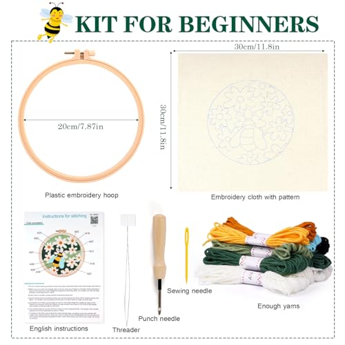 Image of KESTAR Punch Needle Embroidery Starter Kits, Bee and Daisy Flower Punch Needle Kits for Adults Beginner, Needle Punch Kit Tool with Instruction Threader Fabric Yarns and Hoop
