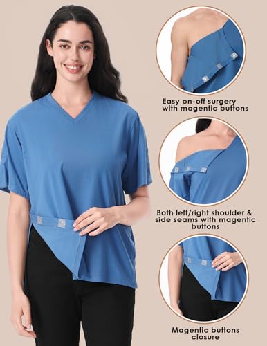 Image of Magnetic Buttons Post Shoulder Surgery Recovery Shirt for Men V-Neck Tear Away Adaptive Chemo Port Clothing for Women